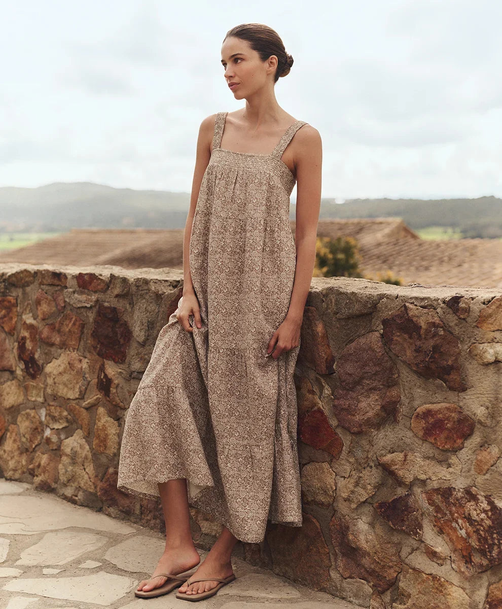 clearance coastal double gauze strappy tiered maxi dress